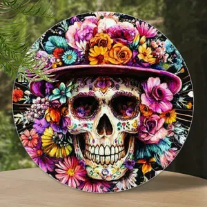 Vibrant Floral Sugar Skull Metal Wall Art - 8" Round Day of the Dead Decoration with Pre-Drilled Holes, Waterproof  Print - Perfect for Home, Coffee Shop, or Commercial Decor - Ideal Gift for Halloween & Mexican Fiesta, Festive Decoration Sign