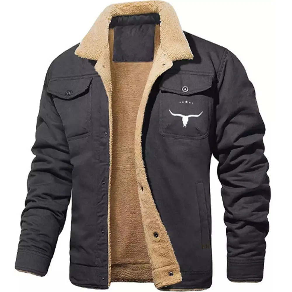 Men's casual heavyweight cotton-polyester jacket with buckle closure, multiple pockets and bull head logo - solid color autumn and winter coat