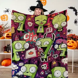 Invader Zim Gir Robot Alien Cartoon Collage Print Flannel Blanket Cooling Blanket Homegoods Soft Cozy For Bedroom Living Room Sofa For 90s Cartoon Fans Nickelodeon Lovers Perfect Gift