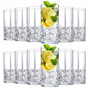 Set Of 12 Tall Highball Glasses 12oz Crystal Drinking Glasses Clear Fancy Glass Cups Vintage Textured Designer Glassware for Cocktail Tea Water Beer Soda Beverages, Dishwasher Safe
