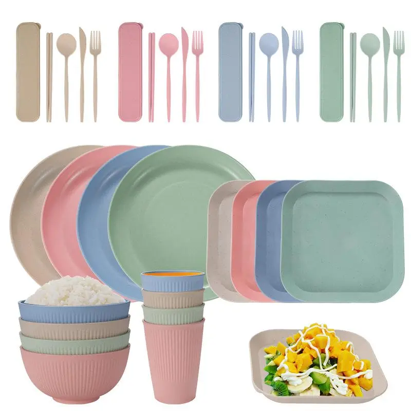 36pcs Portable Wheat Straw Tableware Set, Including Forks & Spoons & Chopsticks & Round Plates & Square Trays & Bowls & Cups, Portable Tableware Set for Camping, Picnic Outdoor Dining, Camping Supplies, Wheat Straw Cutlery, Travel Cutlery Set