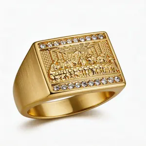 Fanshu Stainless Steel Gold Plated The Last Supper Painting Hip Hop Rings for Men Women Gift Fashion Jewelry goldplated bling ring
