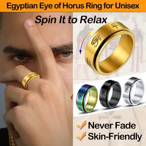 U7 Egyptian Ring Eye of Horus Ring for Men Women Rotatable Ankh Talisman Protection Jewelry Anxiety Release Spinning Ring Cuban Fidget Ring