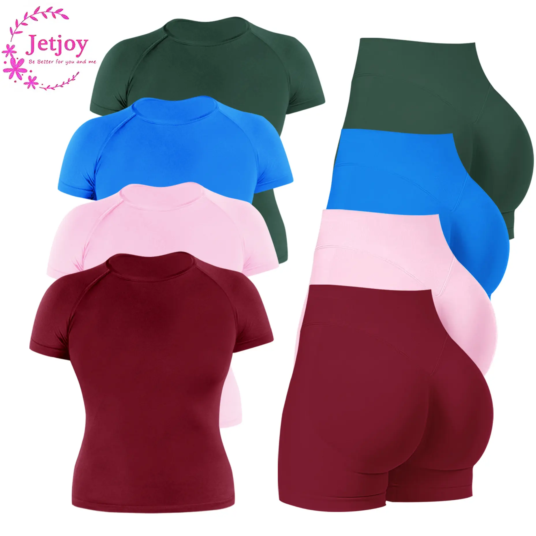 Jetjoy Women's Seamless 2 Piece Sets - Pink Short Sleeve Tank Top & Scrunch Bum Shorts, High Performance Gym Sets, Fitness Training Clothes, Casual Activewear summerwins