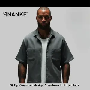 ANANKE Cropped Cuban Button Down Shirt with Hat, Short Sleeve Drop Shoulder Oversized Top with Pockets & Side Slits for Men, Autumn Wear Casual Menswear, Beige Homage Light Grey, Cotton Polyester Blend, Streetwear