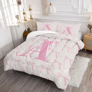 Pink Bow Print Bedding Set with A-Z Letter Design, 2/3 Piece Set Of Kawaii Style Quilted Comforter and Pillowcase Without Pillow Core, Warm Breathable Fabric, Perfect for Child Girl Bedroom Decoration, Soft Breathable Bedding, All Seasons