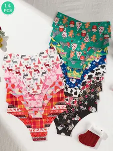 14-piece set of women's Christmas-themed thongs, various printed low-waist women's underwear, skin-friendly and soft, suitable for yoga, fitness, dance, hiking, and leisure sports.