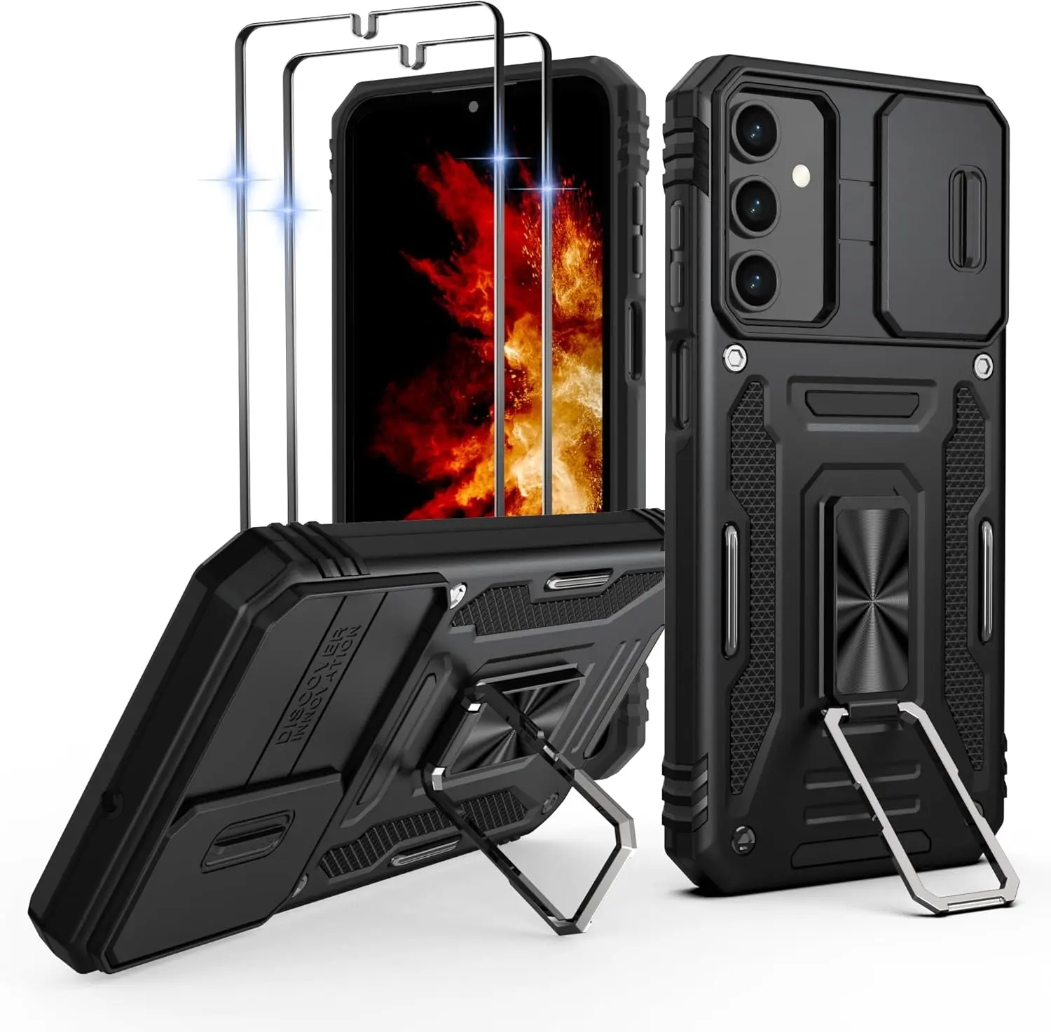 Phone Case for Samsung Galaxy A15 5G with Rotatable Kickstand, Slide Camera Cover, Heavy Duty Shockproof Protective Phone Cover with 2 Pack Screen Protectors, Durable Full Body Rugged Case for Galaxy A15 5G