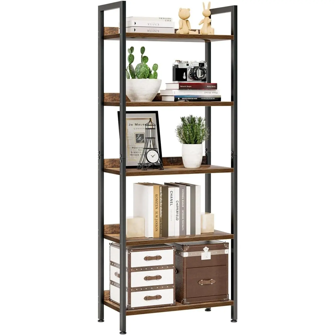 5-Tier Freestanding Wooden Shelves Unit, Vintage Rectangular Bookcase with Metal Frame & Anti-Fall Baffles, Open Storage for Bedroom, Living Room