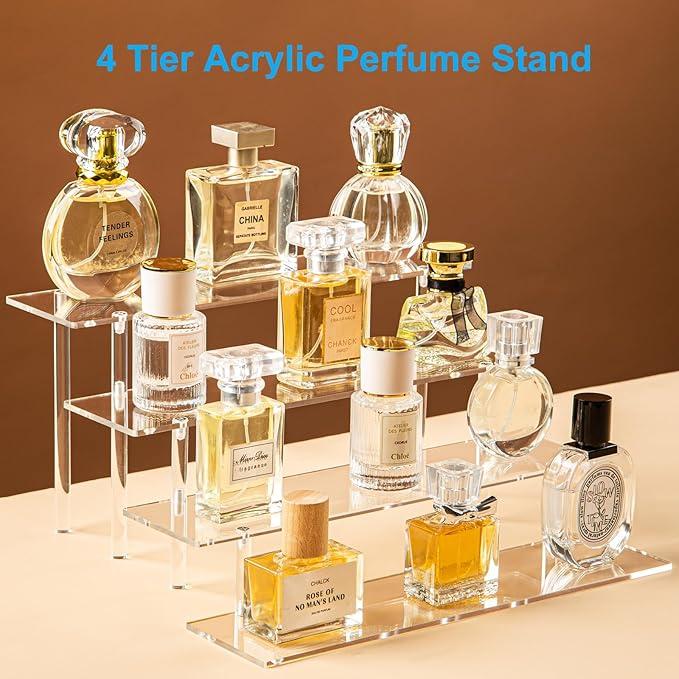 New Deal - 4 Tier Acrylic Perfume Organizer Stand Clear Display Risers for Perfume Cologne Cosmetic Skincare Funko POP Dessert Cupcake Stand Holder 11.6 IN Long 3.0 IN Wide 5.8 IN Total Height