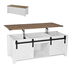 47.2in Farmhouse Lift-Top Coffee Table With Barn Door And Hidden Storage Compartment, Rustic Modern Wood Living Room Console Table, Sturdy Construction, Space-Saving Design, Ample Display And Storage In One