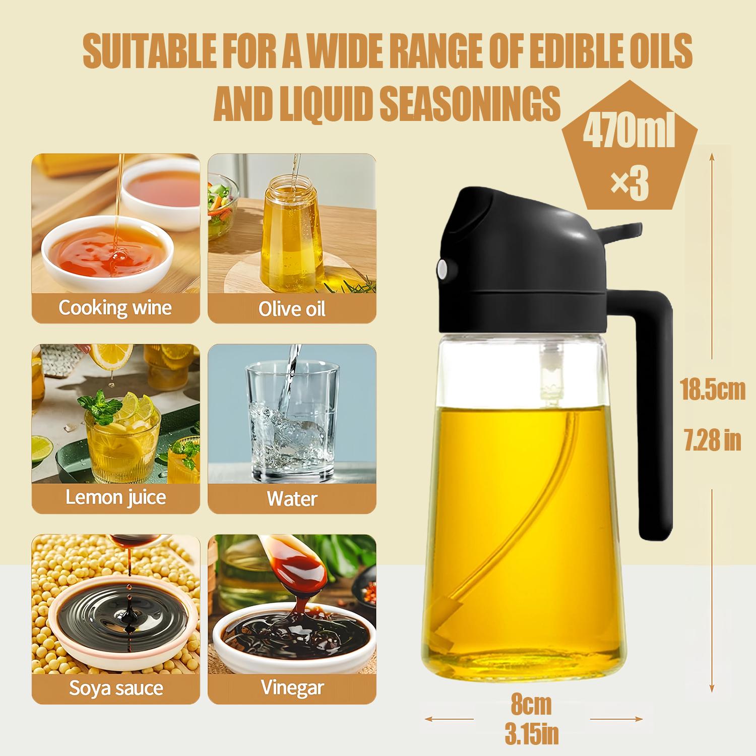 2-Pack 2-in-1 Glass Oil Bottle & Sprayer Flask Set, 16OZ 470ml Leak-Proof Auto Nozzle Utensils with 50-400ml Scale, Precise Measurement, Spray Type for Camping, Kitchen Cooking