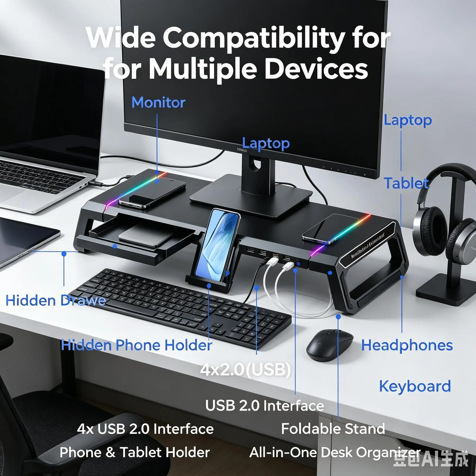 Monitor Stand Is Suitable for Desktops and Laptops, Foldable and Height-adjustable, with a Storage Drawer, Suitable for Tablet and Smartphone Stands, Features RGB Lighting, and Four 2.0 USB Ports for File Transfer and Charging.