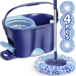 MYSPRI Spin Mop and Bucket with Wringer Set for Floors Cleaning Heavy Duty System, 4 Refill Mop Heads