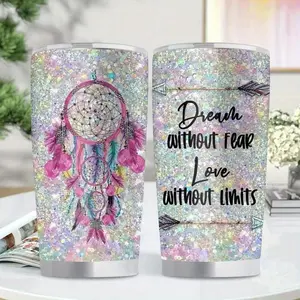 1pc 20oz Dream Catcher & Inspirational Quotes Insulated Stainless Steel Tumbler with Dreamcatcher Design & "Dream Big, Work Hard, Stay Humble" Quote - Leakproof BPA-Free Travel Mug, 304 Stainless Steel Cup for Home, Office, Gym