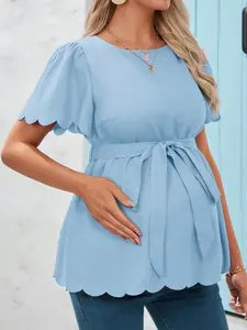 Maternity Flare Short Sleeve Shirt - Wavy Hemline & Casual Style