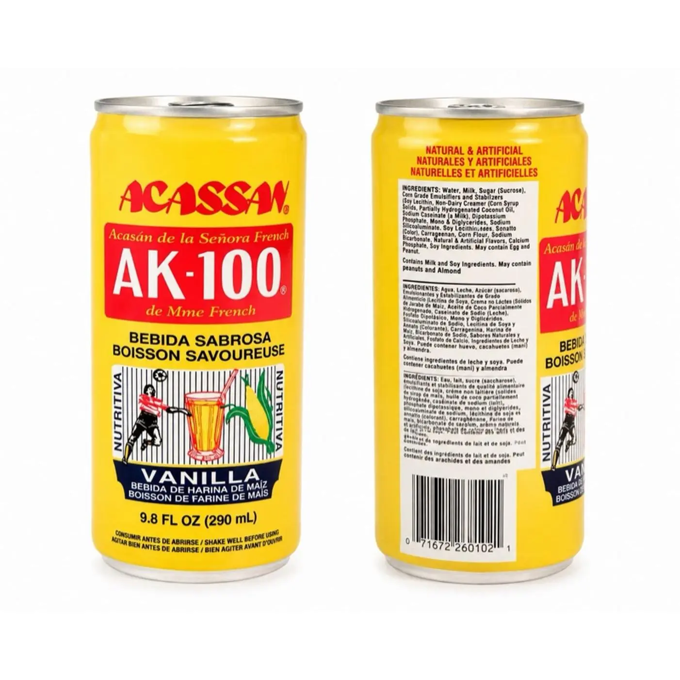ACASSAN AK-100 Caffeine-Free Vanilla Corn Drink, 9.8 fl oz (290 mL) Ready-to-Drink Creamy Smooth Caribbean Beverage Can