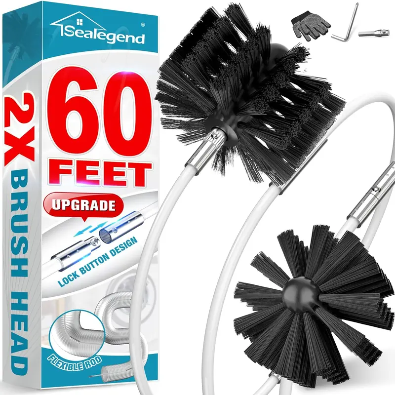 Sealegend 60 FEET Dryer Vent Cleaner Kit Double Synthetic Brush Head Upgraded Flexible Quick Snap Brush with Drill Attachment Extend Up to 60 FEET for Easy Cleaning Use with or Without a Power Drill