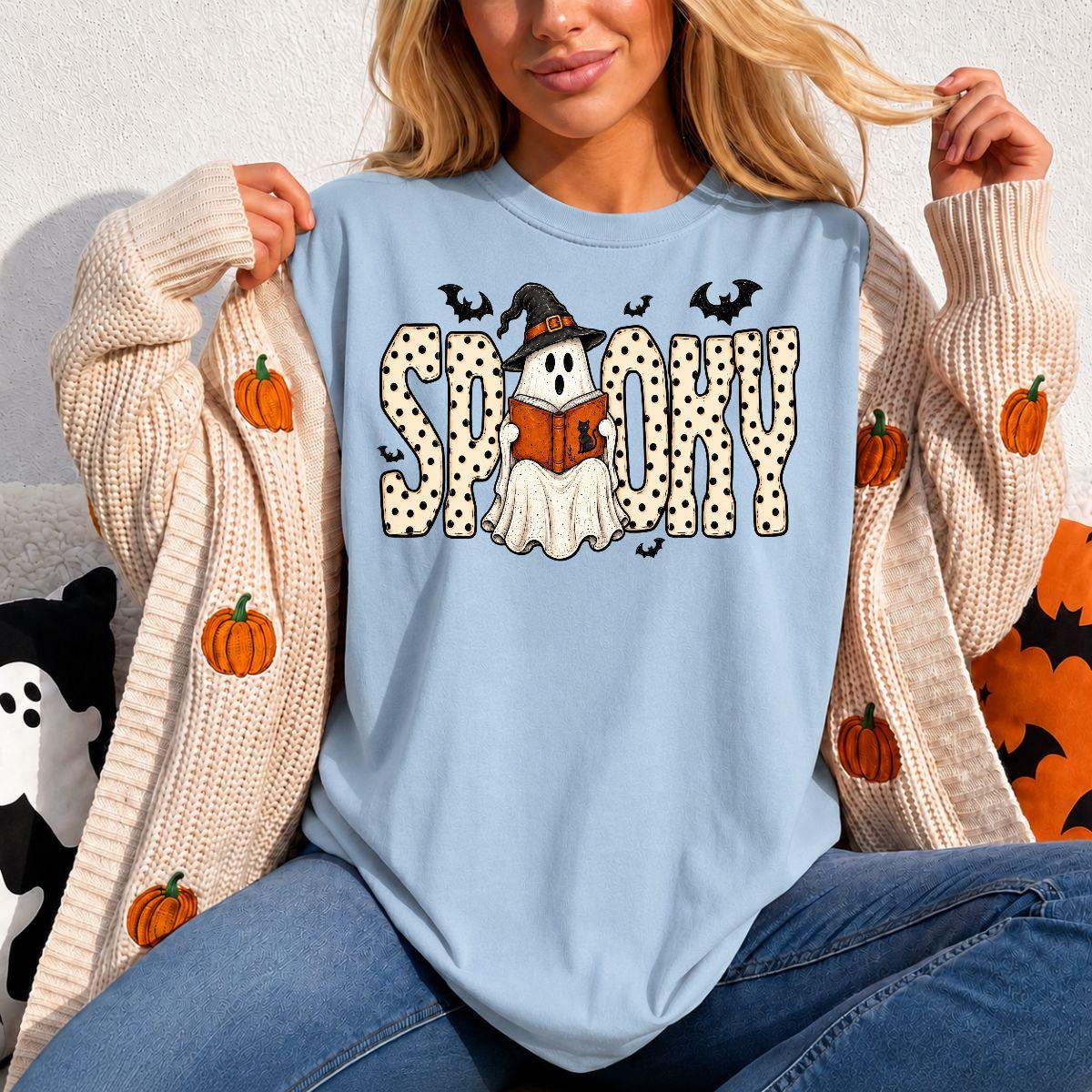 Comfort Colors Spooky Reading Ghost T Shirt, Halloween Book Lover Graphic Tee, Witch Hat Ghost And Bat Shirt, Retro Womenswear Cotton Top, Unisex Comfort Color T-Shirts