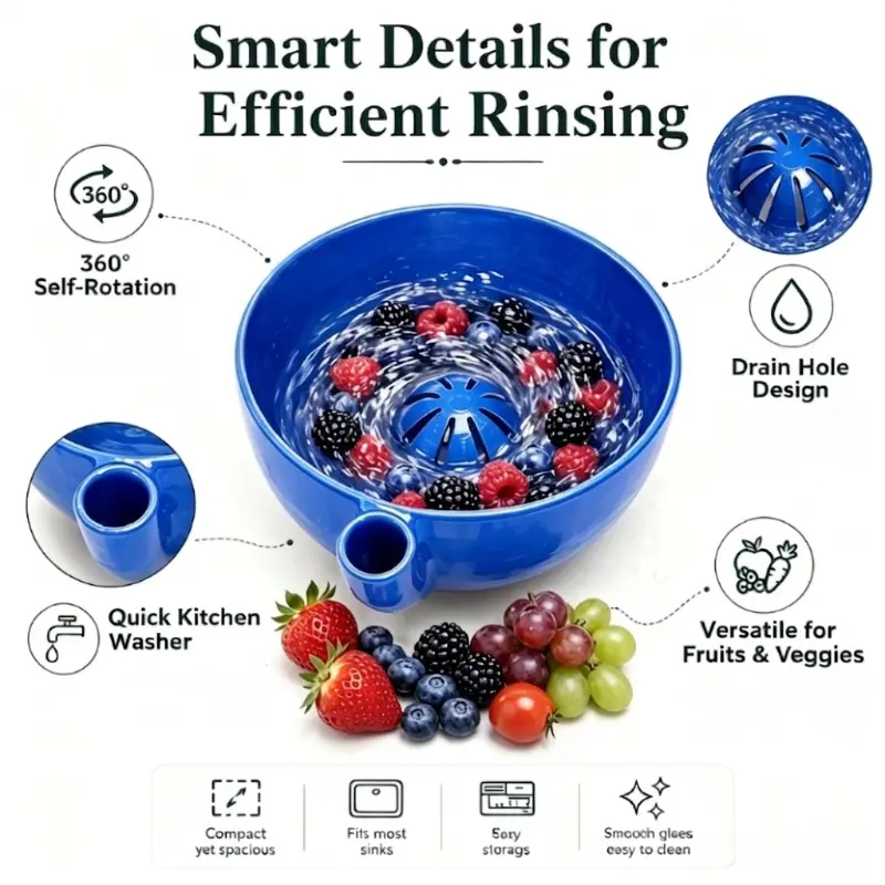 Self Rinsing Berry Bowl, Fruit Washing Bowl with Drain Hole, Rotating Fruit Cleaner for Strawberries, Grapes, Berries, Vegetables & Kitchen Prep