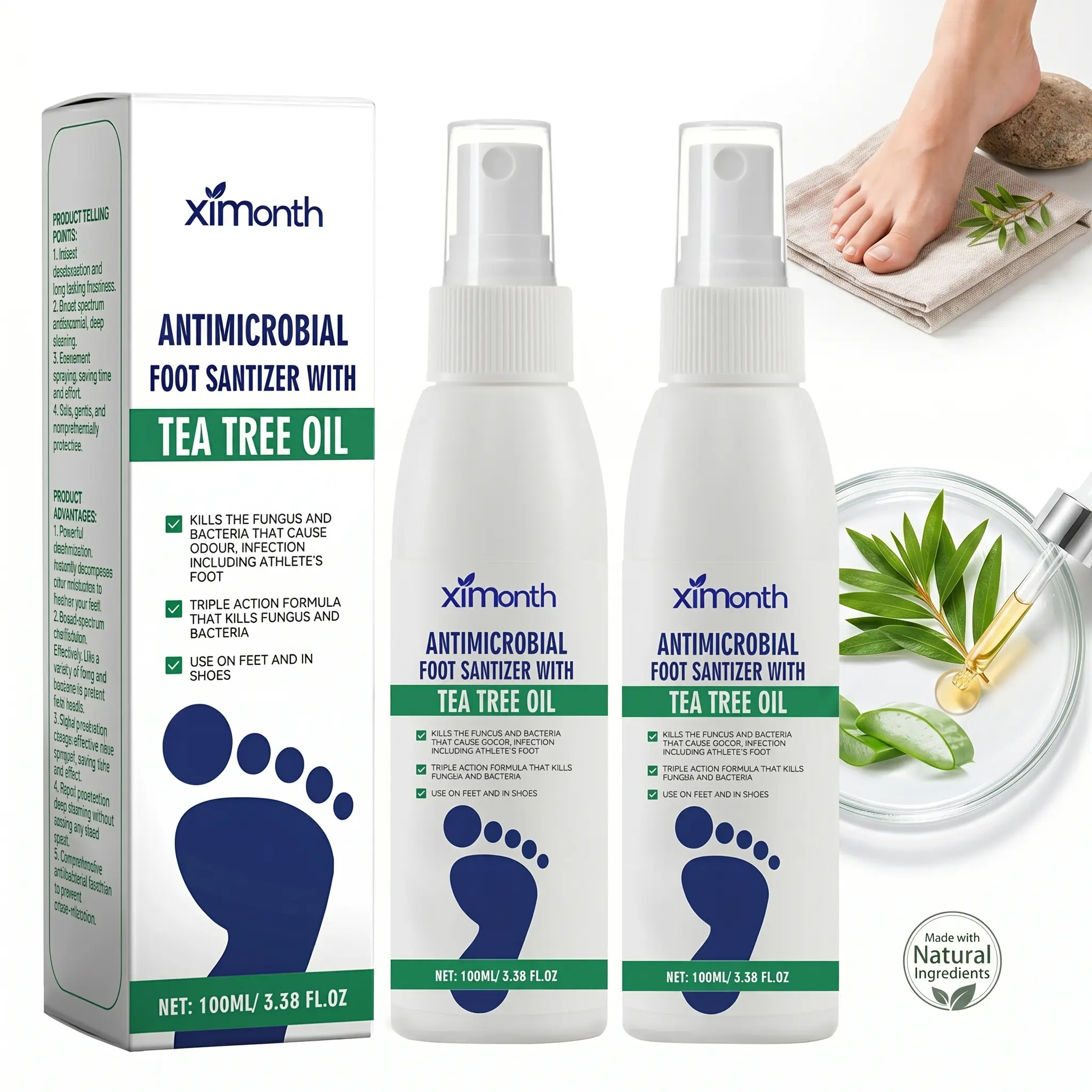 (3-Pack) Tea Tree Oil Foot Spray for Odor Control & Dry Feet Care – Natural Moisturizing Foot Deodorizer with Antifungal Support, Foot & Shoe Freshener Spray, Ximonth