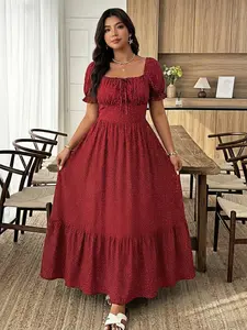 Boho Style Loose Fit Short Sleeve Dress, Elegant Lace-Up Design, High-Waisted Polka-Dot Pattern, Perfect for Daily Wear & Occasions, Bohemian, Casual Wear, Womenswear