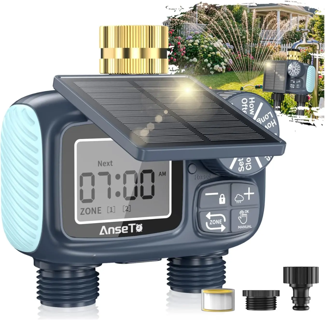 Solar-Powered Dual-Zone Water Timer with Brass Inlet – Smart Auto/Manual/Rain Delay Sprinkler Controller for Garden & Lawn