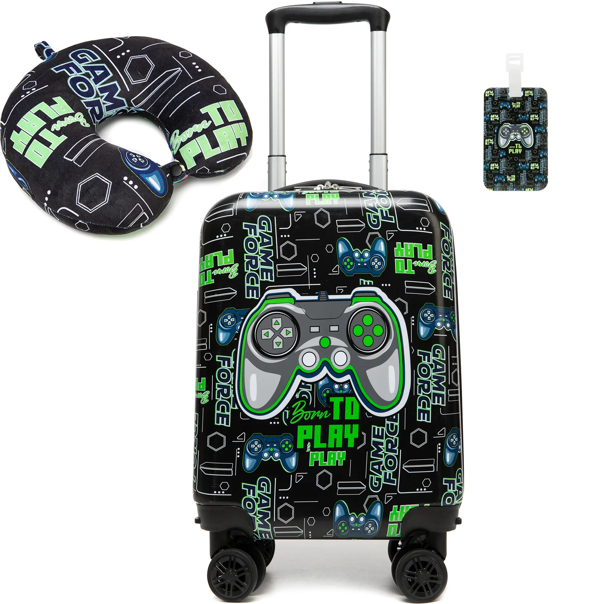 Kids' 3-Piece Lightweight Luggage Set, Hardside ABS Shell Gamer Suitcase with 360° Spinner Wheels & Neck Pillow for Travel