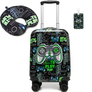 Heavy Duty Wheeled Suitcase Set for Kids 3-Pcs, Lightweight Hard Shell Travel Luggage with Matching Neck Pillow, Trendy Gamer Gift for Students portable carry