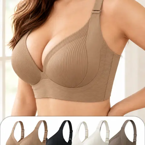 Women's 4-Pack Ribbed Wireless Full-Coverage Seamless Bralettes, Chic V-Neck, Wide Sides, Adjustable Straps, Built-In Cups, Spandex-Nylon Fabric for Ideal Fit, Athletic Everyday Daily Wear (Wedding, New Year)
