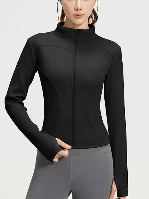 Women's Crop Lightweight Stretch Running Jacket, Slim Fit Sports Top with Full Zip and Thumb Holes
