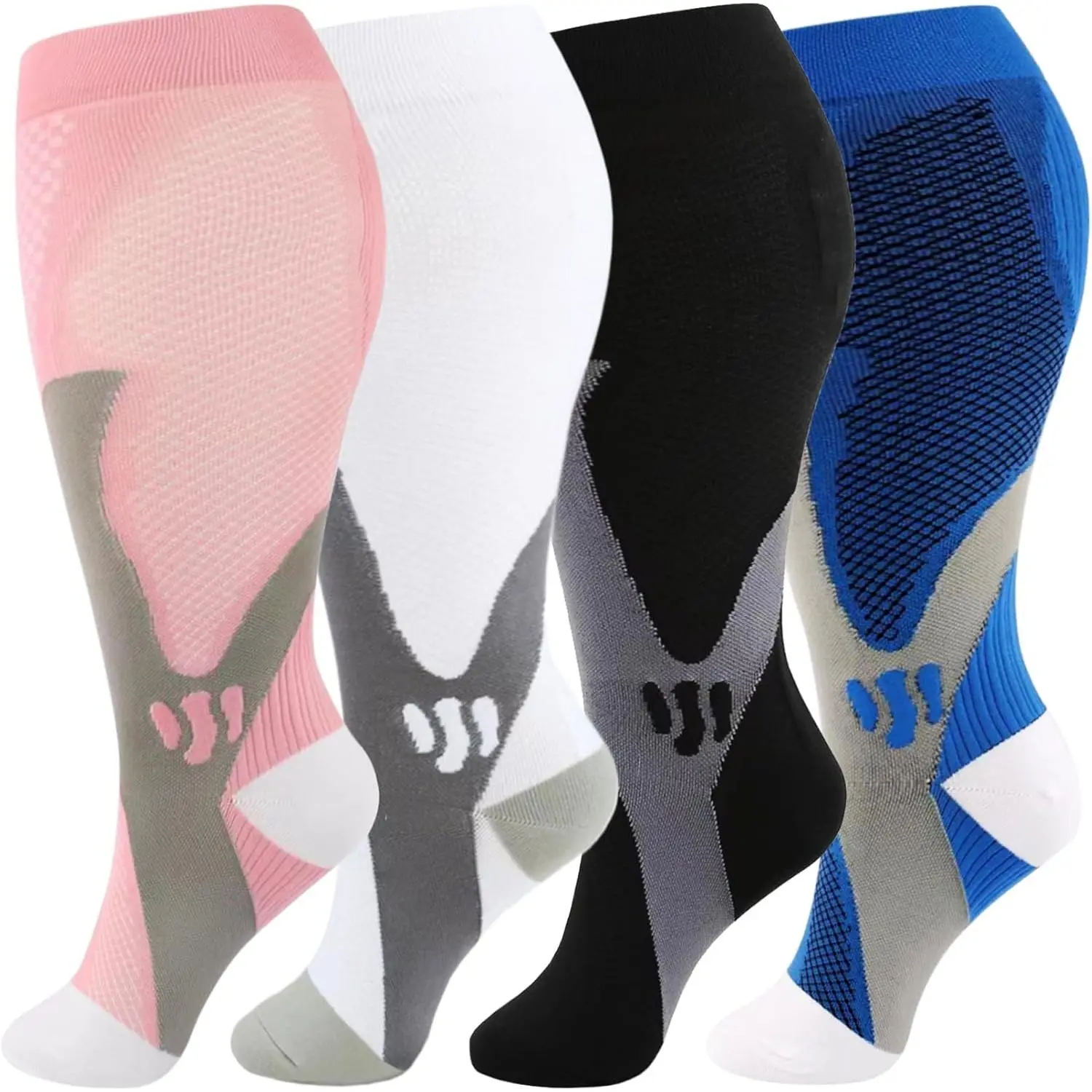 Plus Size Compression Socks (4 Pairs) for Men & Women, Knee-High 20-30mmHg Support for Wide Calves up to 28 Inches, Lightweight & Breathable, Compression Stockings, Perfect Gift, Reduce Injury Risk, Unisex, Office Workers, Workout, Gradient Pressure Decre