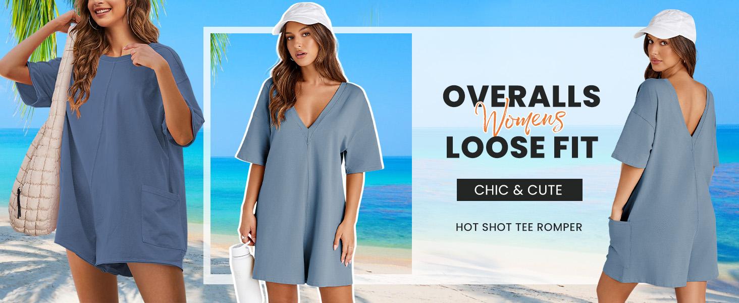 WoodBerry Women's Oversized Rompers Casual Athletic Jumpsuits Overalls Workout Hot Shot Tee Romper Round Neck Cute Shirt Womenswear