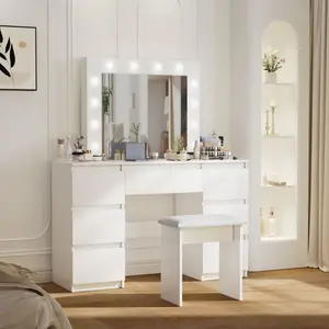 Large Vanity Desk with Hollywood Lighted Makeup Mirror, White Vanity Dressing Table Set with 7 Drawers, 12 LED Bulbs, 3 Lighting Modes Vanity Table for Bedroom