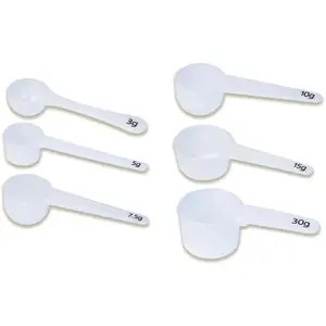 Measure spoons | measuring spoons set of 6 | exact dosing 3 gram scoop, 5 gram scoop, 7,5g, 10g, 15g, 30g | kitchen measuring set for  and liquids | plastic  spoon and cups
