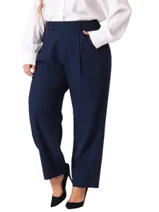 Agnes Orinda Plus Size High Elastic Waisted Long Straight Suit Pants with Pockets Navy Blue