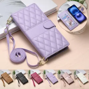 Fashion Quilted Pattern Phone Case with Card Slot & Wrist Strap, Anti-drop Cellphone Protective Case, Shockproof Mobile Phone Cover for iPhone, Casing