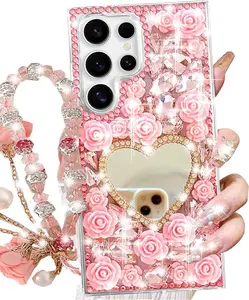 for  Galaxy S25 Ultra Glitter Bling Case,Cute  Sparkle Heart Makeup Mirror  Rhinestone    with Lanyard Wrist Strap Women Girls Case for Galaxy S25 Ultra,