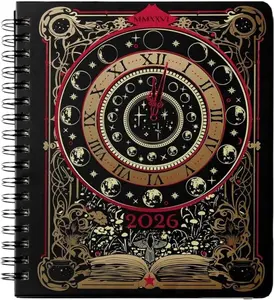 “Silent Awaiting Night” 2026 spiral-bound weekly planner | Leather hardcover journal inspired by Gothic witch tarot design, includes stickers and bookmarks; 2026 January–December full-year creative portable planner, writer’s notebook, a gift suitable for
