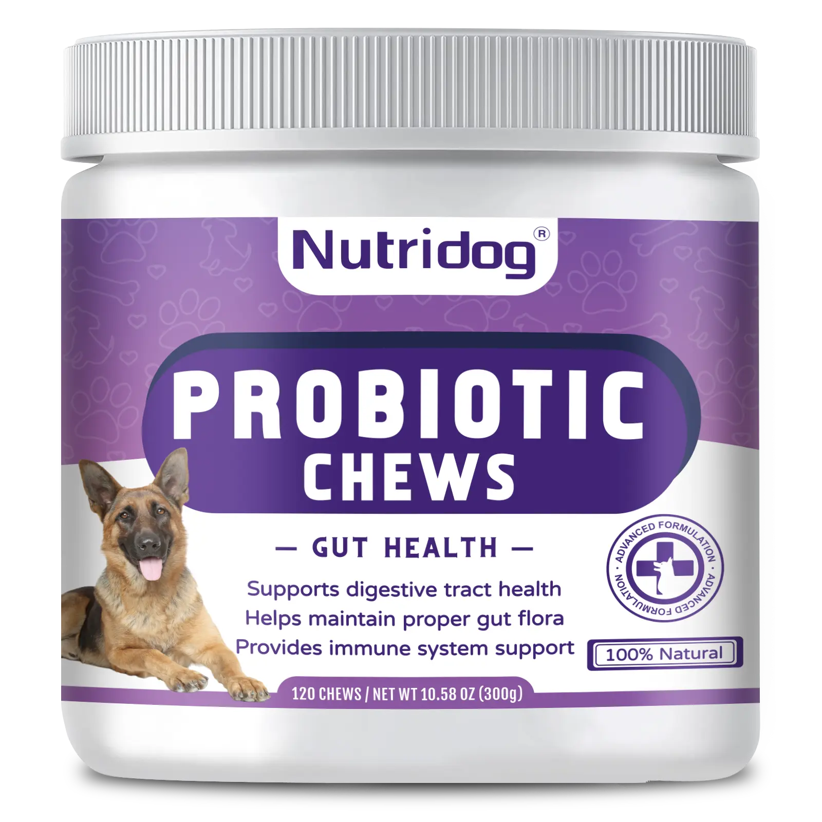 Nutridog Probiotics for Dogs Soft Chews - 120 Chews with Multi-Enzyme Complex & Live Cultures for Gut & Digestive Health, Duck-Flavored Support