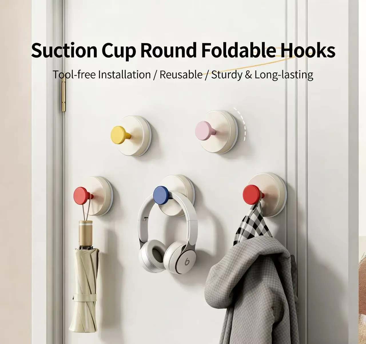 Strong Suction Cup Removable Hooks - No-Drill Wall Mount, Foldable Home Organiser for Kitchen, Bathroom