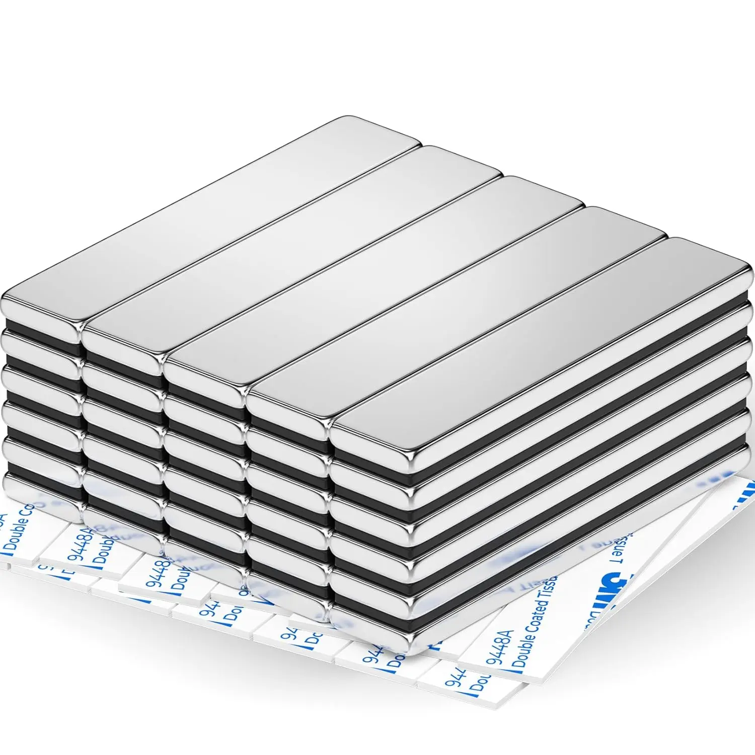 Powerful Bar Magnets, Rare Earth Strong Heavy Duty Neodymium Magnets Strips, Peel and Stick Bar Magnet for Tool Boxes, Science, Cupboard Doors, Knifes, Shower Doors, 60x10x3mm, 30 Pack, Silver
