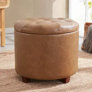 Donovan Round Tufted Faux Leather Storage Ottoman - Mocha