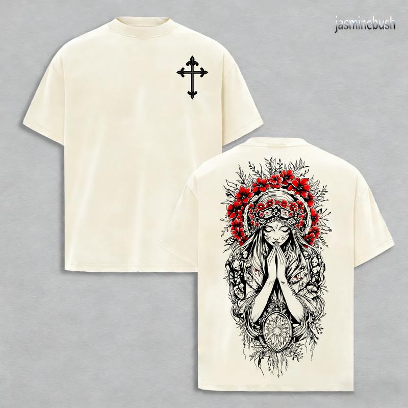 Christian Cross & Virgin Mary Double Printed Vintage Washed Tee, Unisex Oversized Heavyweight Cotton T-shirt, Faith Streetwear Religious Shirt, Grunge Aesthetic , Church Outfit Gym Pump Cover