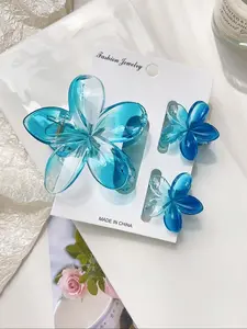 3Pcs Tropical Frangipani Hair Claw Clips - Glossy Ombre Translucent Aqua Blue, Mixed Sizes (Large & Small) - Boho Beach Hair Accessories for Summer, Music Festivals, Bridal & Mother's Day Gifts, Hair Clips Flower