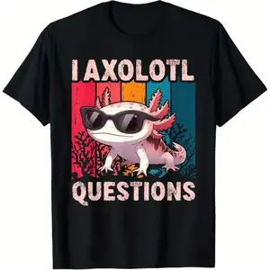 I Axolotl Questions Retro Sunset Sunglasses T-Shirt | Funny Axolotl Meme Graphic Tee | Vintage Cute Amphibian Print Shirt | Axolotl Lover Gift for Men | Unisex Streetwear Casual Top