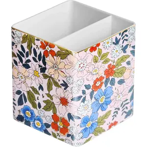 Pen Pencil Holder, Makeup Brush Holder,Ceramic Remote Control Holders Organizer with 2 Compartment Floral Multi-functional Office Organizers Storage  Desk Tv Remote Holders