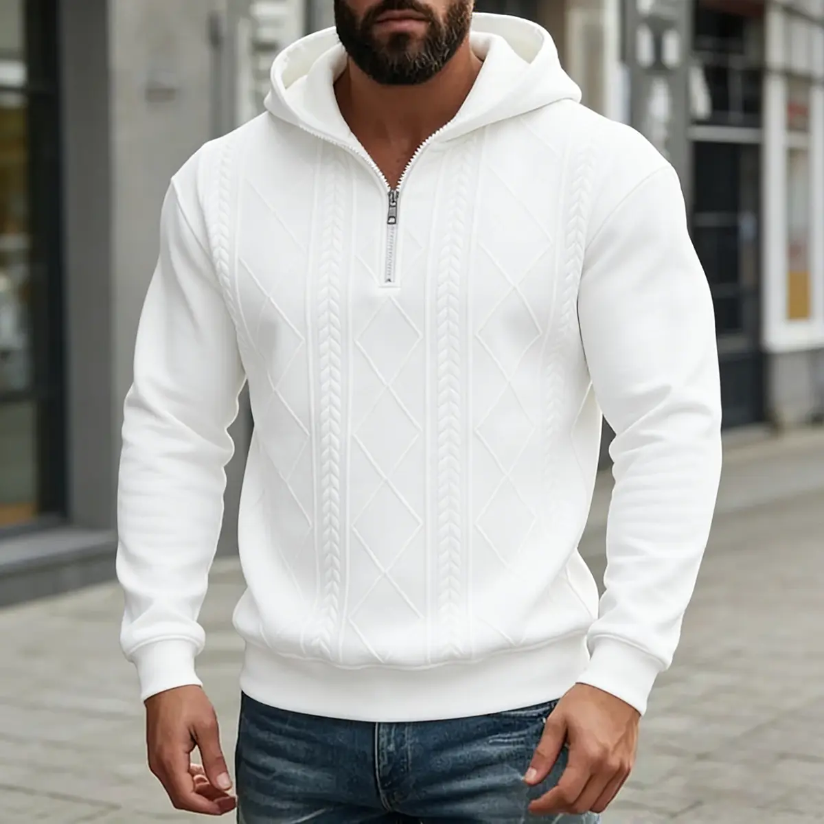 Men's Loose Fit Long Sleeve Hoodie - Menswear Tops, Sweatshirts for Autumn & Winter, Solid Color Zip-Up Half Placket, Premium Comfort Fabric, Casual Versatile Everyday November Outfit