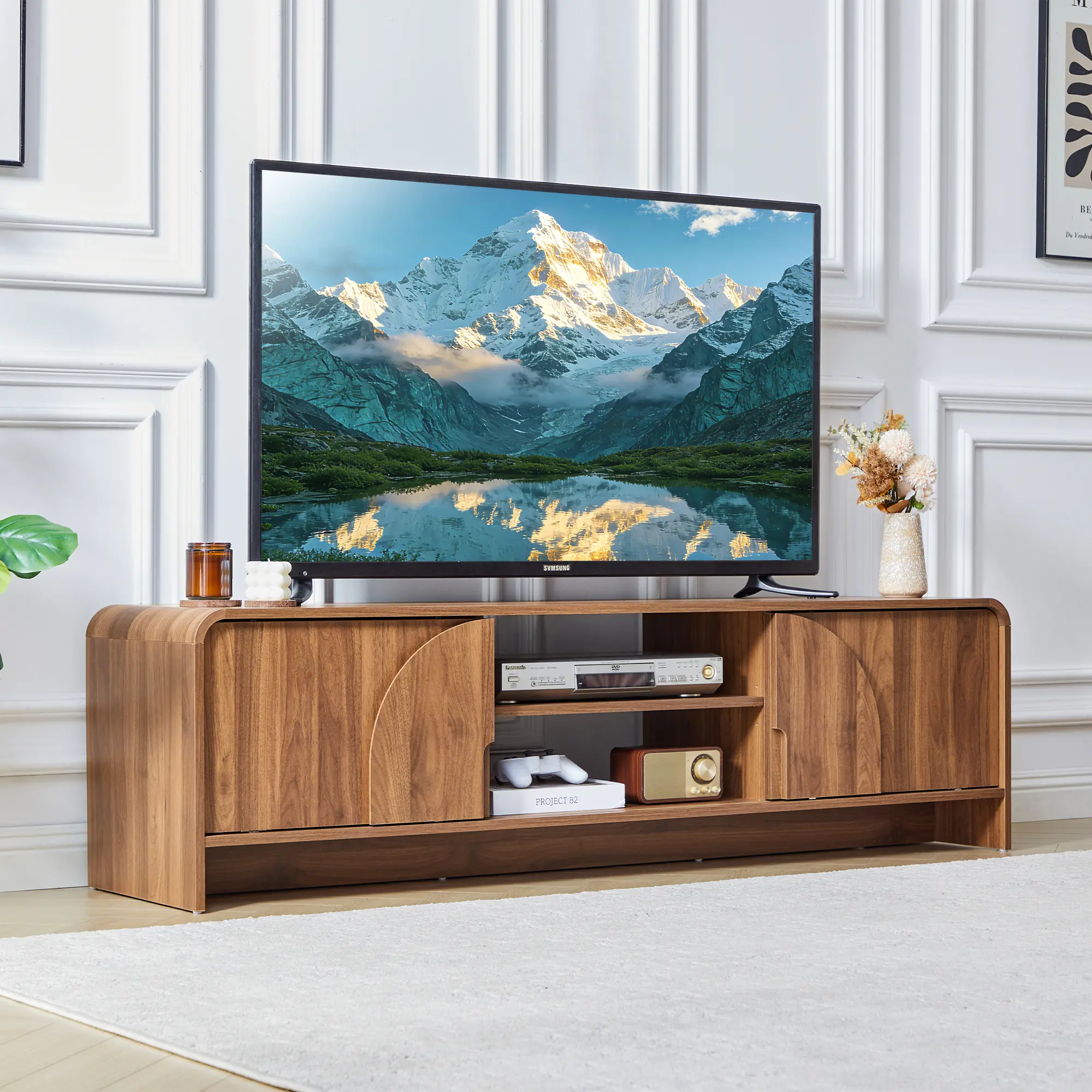 FurSch 63" Modern TV Stand for TVs Up to 75", Wooden Media Console with Curved Sliding Doors and Hidden Storage for Living Room or Bedroom