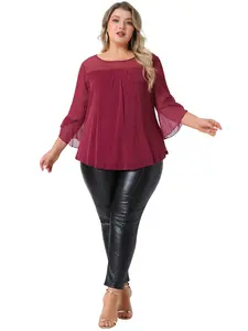 Agnes Orinda Women's Plus Size Blouse Ruffle 3/4 Sleeve Elegant Dressy Crew Neck Double Layers Mesh Tunic Top